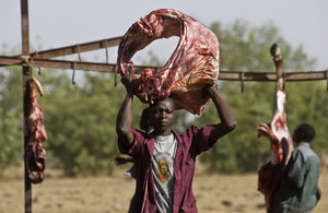 Man carrying meat at abattoir in Burkina Faso