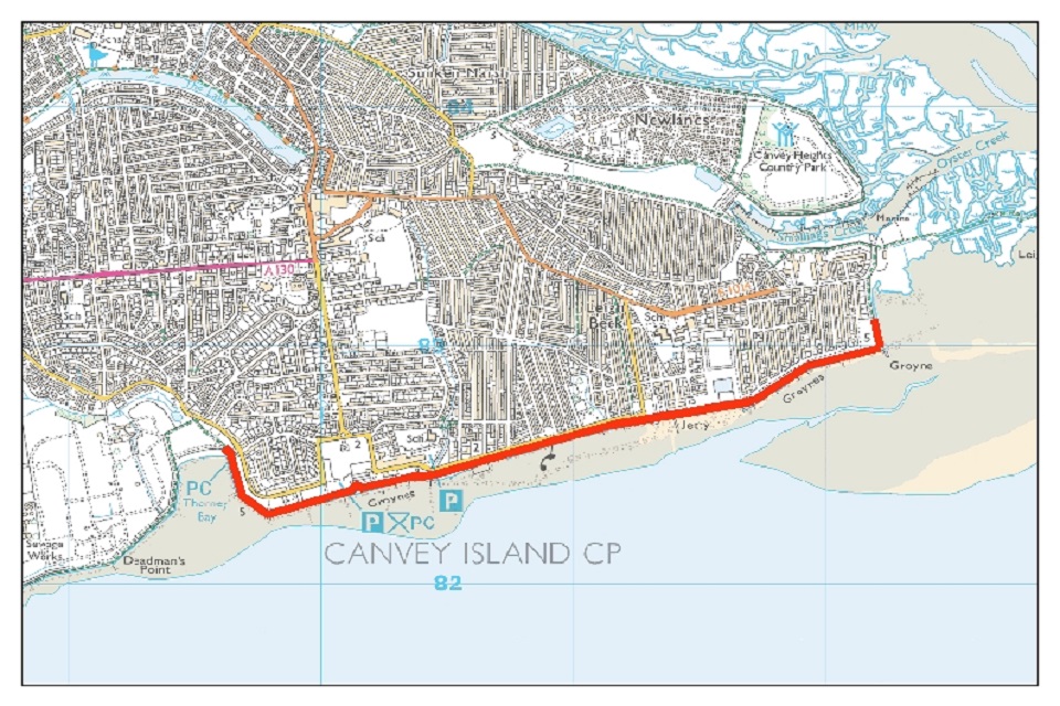 Image shows a map of Canvey Island southern shoreline, with a red line on the lower side