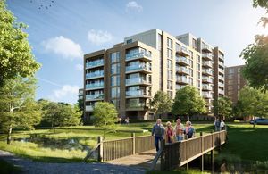 Artist's impression of an apartment block surrounded by a park. 4 older people walk across a bridge, smiling.