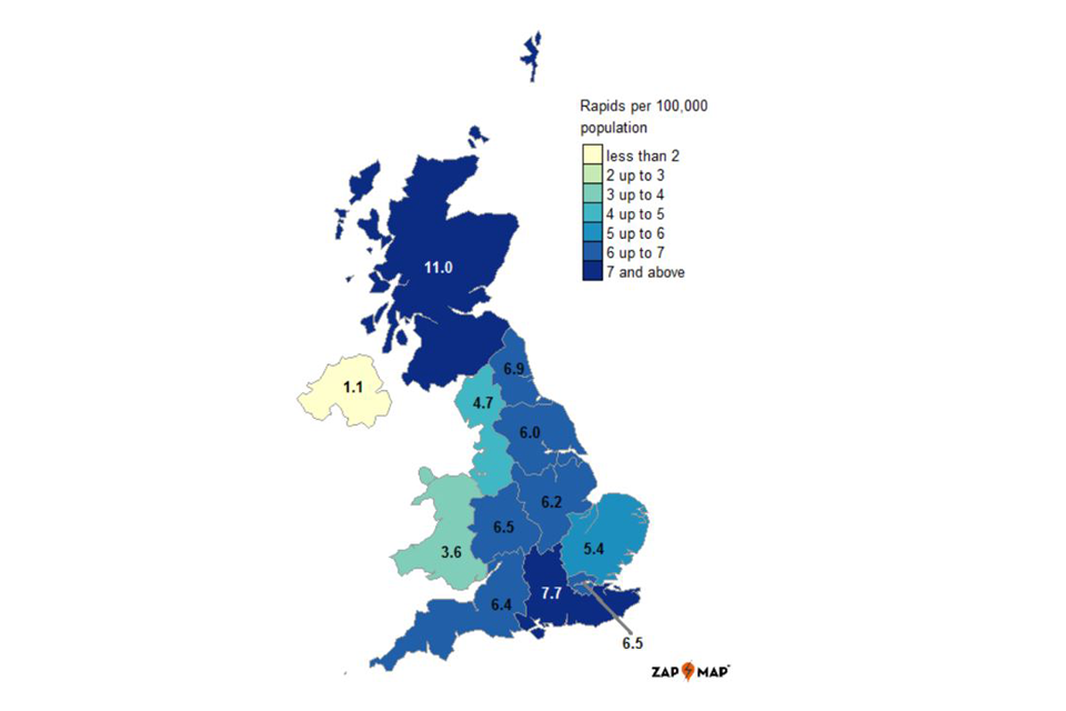 A map of the UK showing rapid chargepoints per 100,000 - there are currently fewer rapid chargepoints in more rural areas of the UK.