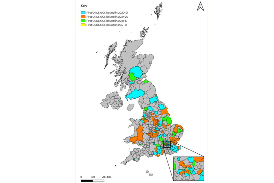 A map of the UK showing which local authorities have accessed centralised grant funding. It shows lots of variation in take-up of ORCS funding by local authorities across the UK.