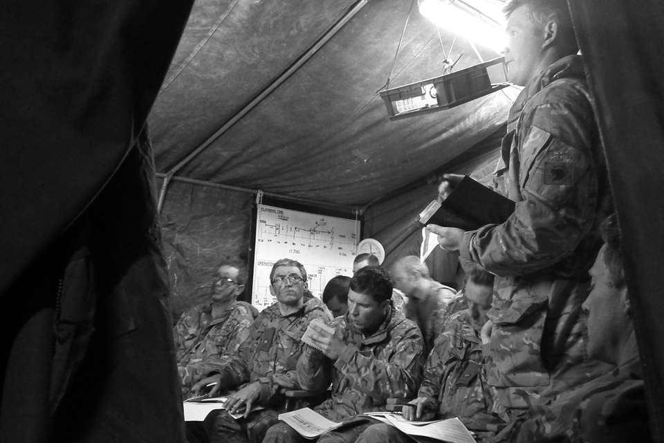 Troops being briefed before taking part in Exercise Wessex Thunder 