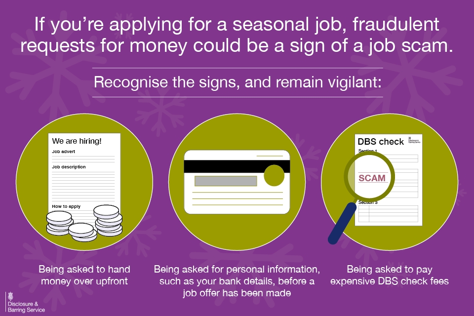 Graphic that reads: If you're applying for a seasonal job, fraudulent requests for money could be a sign of a job scam. Recognise the signs, and remain vigilant.