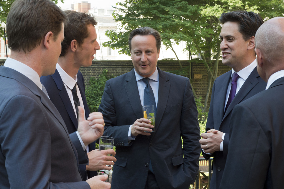 Andy Murray with the Prime Minister, Deputy Prime Minister and Leader of the Opposition in the Number 10 garden