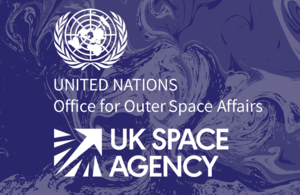 Логотипы Организации Объединенных Наций, Управления по вопросам космического пространства и Космического агентства Великобритании