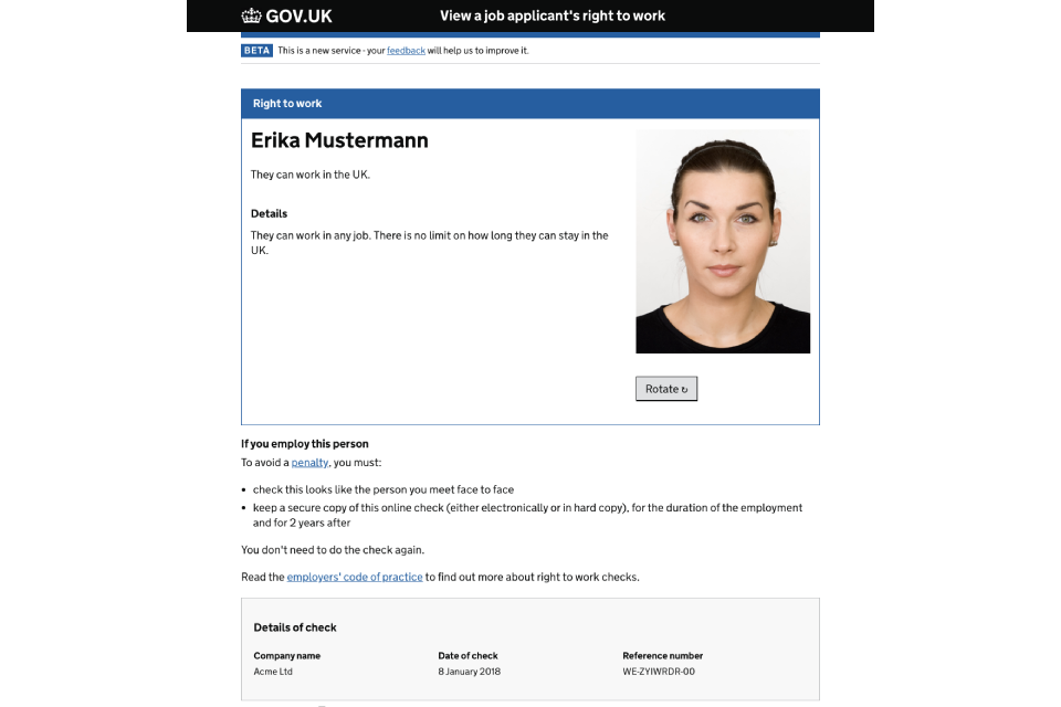 Скриншот из онлайн-сервиса, показывающий, что физическое лицо имеет постоянное право на работу.