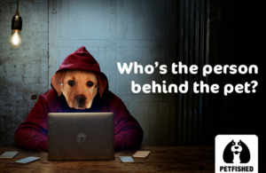 Pet dog behind a laptop with text 'Who's the person behind the pet?'