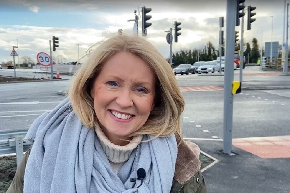 Ms McVey pictured at the new 'through-about' bridge at M6 Junction 19