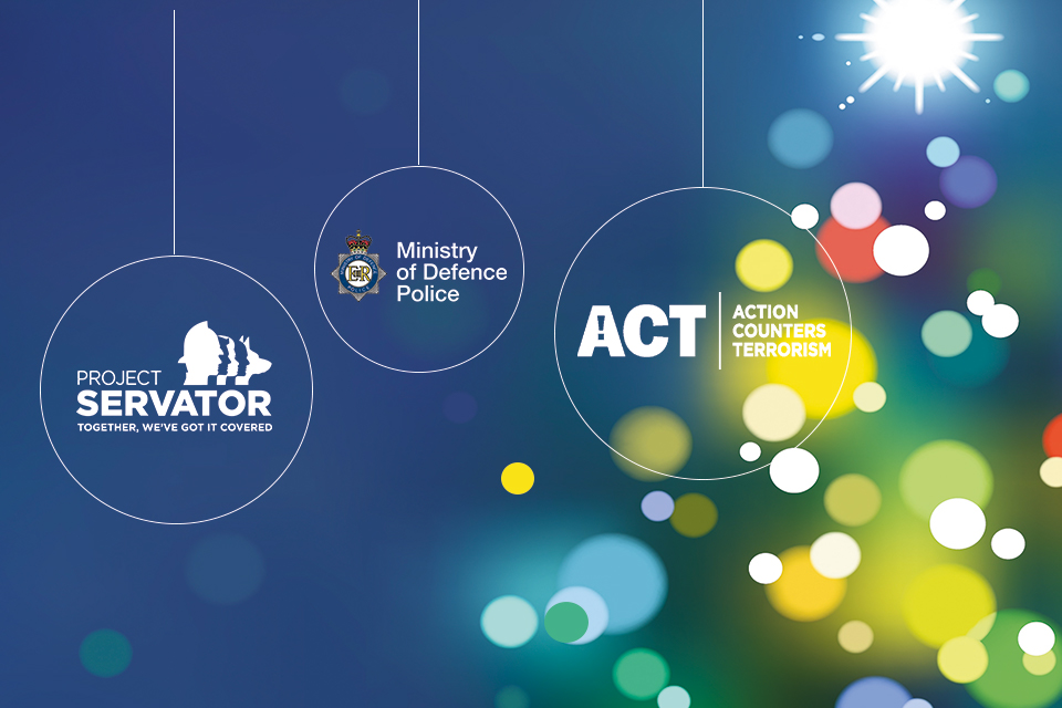 Project Servator, Ministry of Defence Police and ACT logos in circle shapes with blue decorative background.