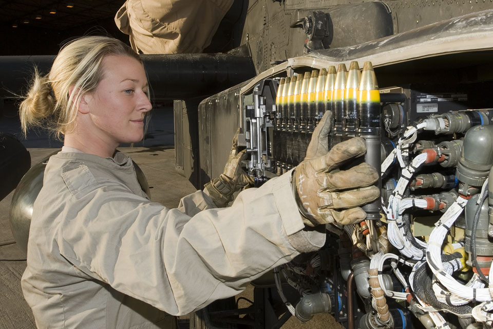 Soldier loads 30mm cannon rounds into an Apache attack helicopter