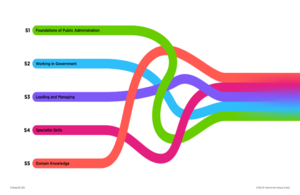 На изображении показаны пять цветных прядей, связанных вместе с правой стороны, разделенных на пять отдельных прядей слева, с описанием каждой из пяти прядей, составляющих блок государственных навыков и учебной программы.