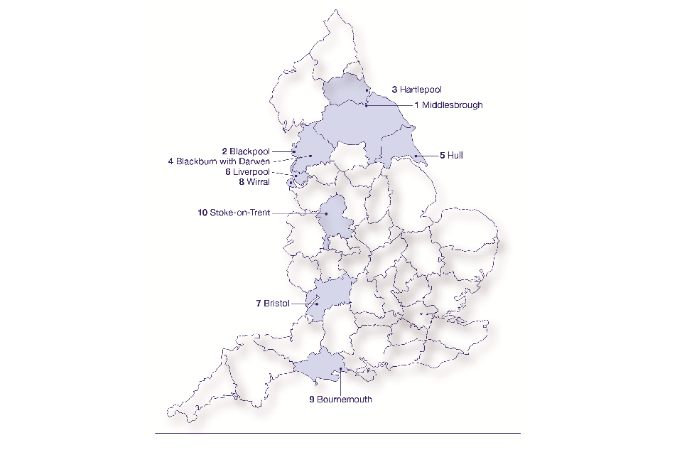 Карта Англии, на которой показаны местные власти, ранжированные по употреблению опиатов и крэк-кокаина.