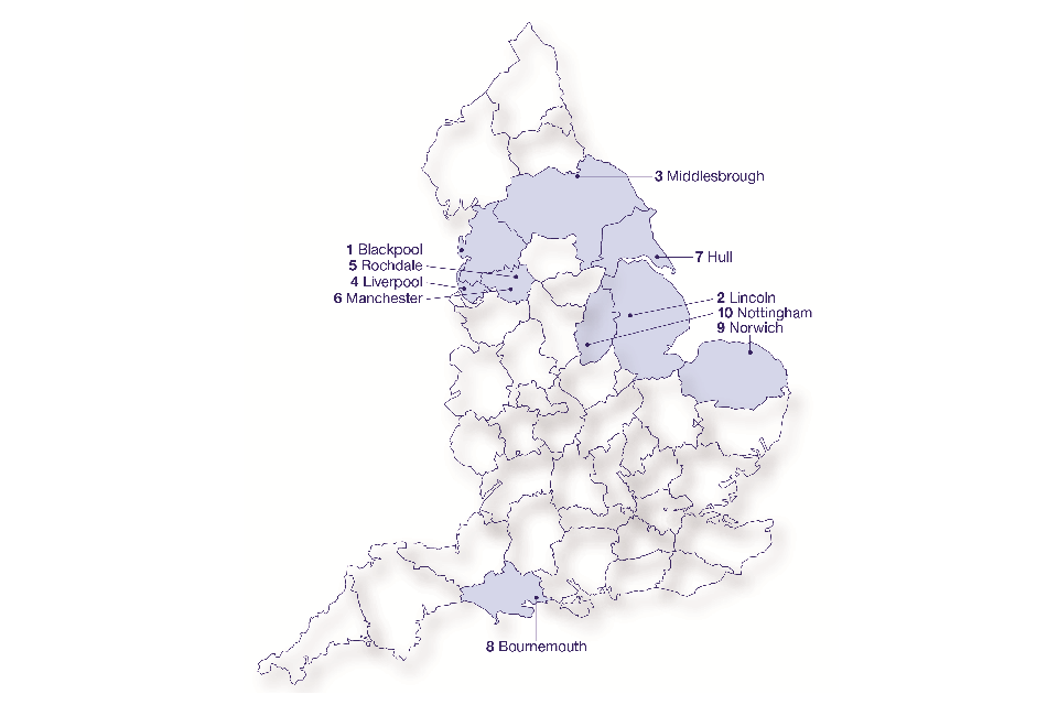 Map of England showing local authorities ranked by multiple and complex needs