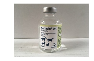 Bottle with label for Nerfasin 20mg/ml Solution for Injection for Cattle, Horses, Dogs and Cats