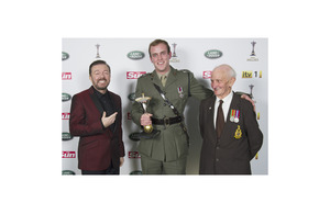 From left: Ricky Gervais, Captain Si Maxwell and his grandfather, David Maxwell Senior