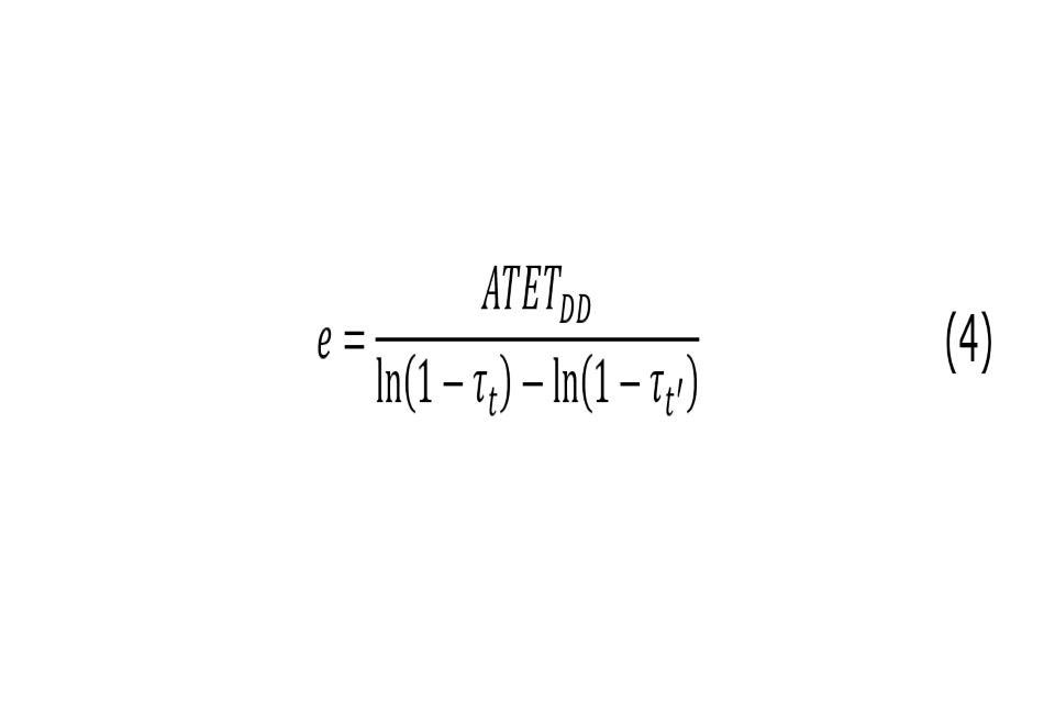Formula: The conversion calculates the taxable income elasticity given the ATET. The difference in log income before and after implementation is divided by the difference in log MRR before and after implementation.