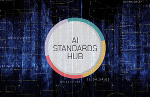 A graphic with static, dark blue background with text inside a circle that says "AI Standards Hub"