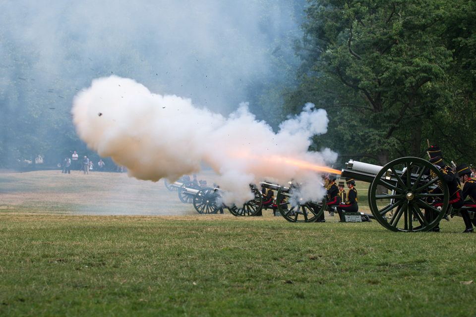 Members of the King's Troop Royal Horse Artillery fire a 41-gun salute in Green Park