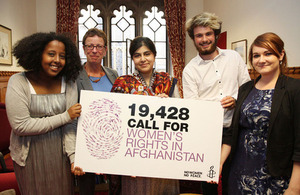 Foreign Office Senior Minister of State, Baroness Warsi with Amnesty youth activists who handed over a petition on Afghan women's rights