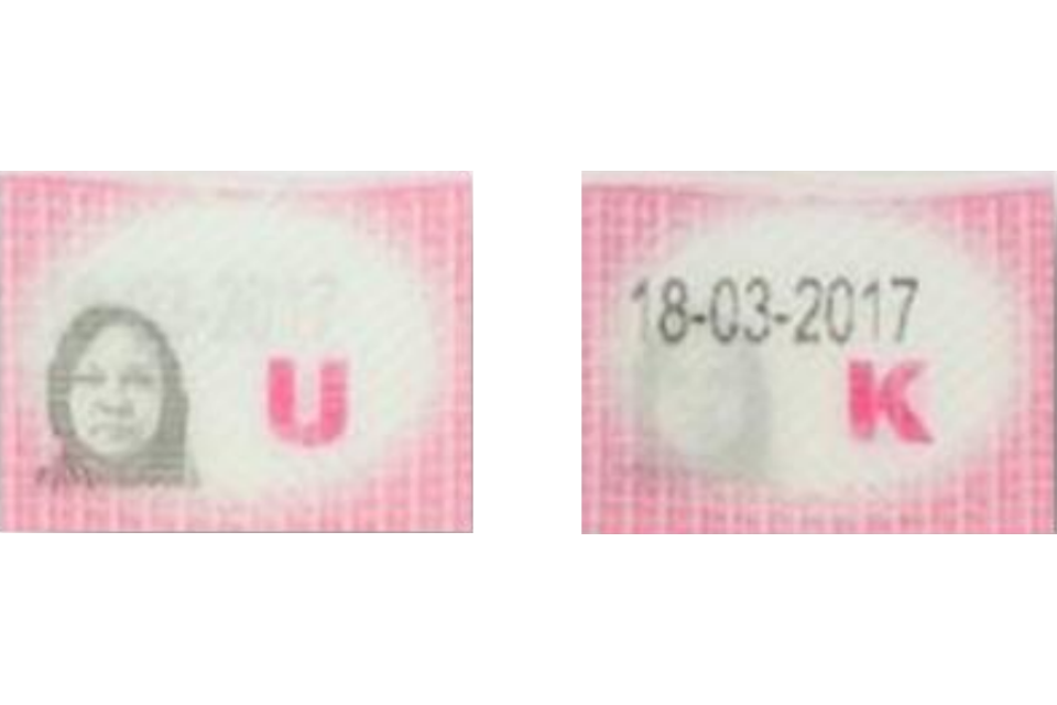 Image of dynaprint: from one angle, the ‘valid until’ date and the letter ‘U’ are visible; tilting the permit replaces these with a photograph of the holder and  the letter ‘K’. Biometric residence permits