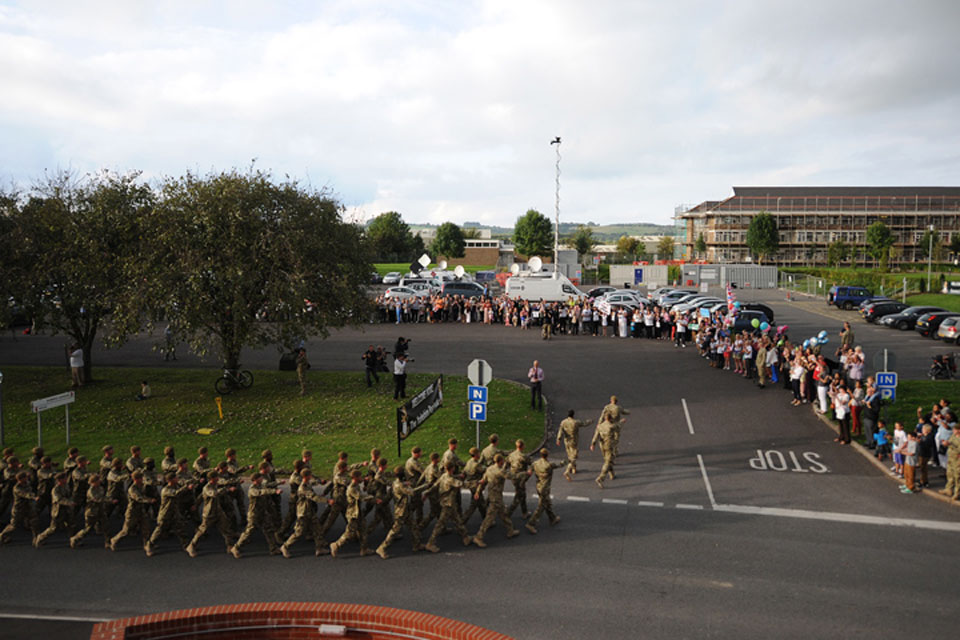 Soldiers of Corunna Company, 3rd Battalion The Yorkshire Regiment, march into Battlesbury Barracks, Warminster 