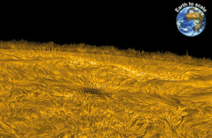 Снимок с высоким разрешением края Солнца, на котором видны узкие соломообразные образования, уходящие вверх, которые, как считается, несут огромное количество энергии.  Изображение предоставлено Дэвидом Джессом (QUB) и Уильямом Бейтом (QUB)