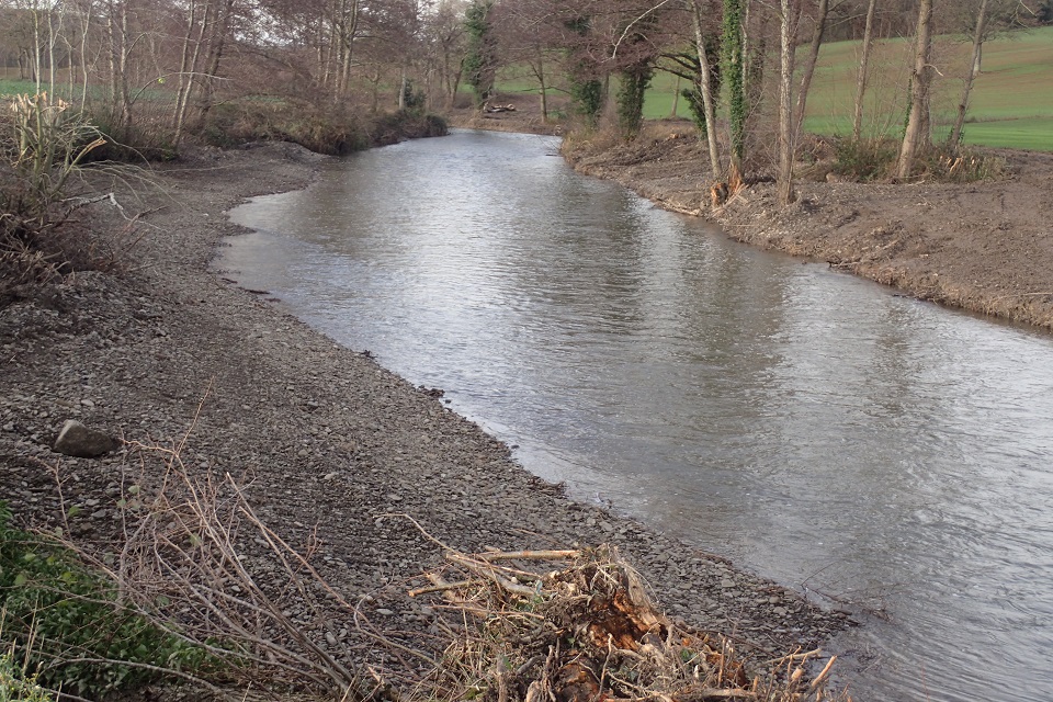 The River Lugg in Herefordshire bare of vegetation and bankside habitats