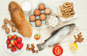 Selection of allergenic food including milk, fish and nuts