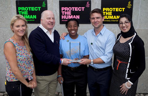 From left: Anoushka Warden, Theatre Royal Haymarket Masterclass Trust, Stevan Jackson, Programmer from the Royal British Legion, Lance Corporal Maurillia Simpson, Owen Sheers, the play's writer, and Shabnum Mustapha, Programme Director for Amnesty Interna