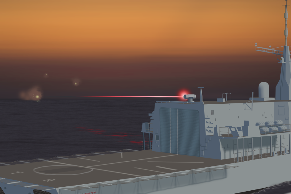 Illustration of a laser being fired from a warship