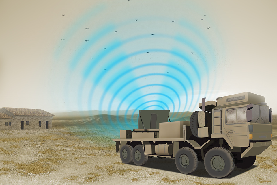 Illustration of a radio frequency field coming out of the back of an army truck.