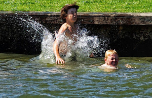 Boys swimming in river