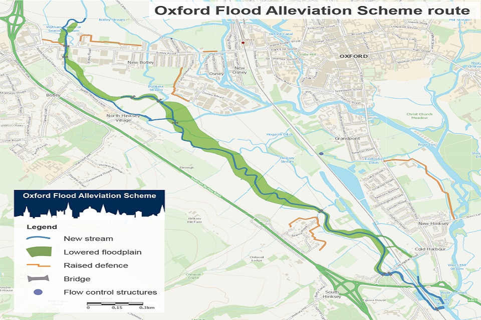 Map view of the Oxford Flood Scheme with Oxford to the right and the River Thames to the left. Green colouring either side of the river indicates the area of lowered flood plain