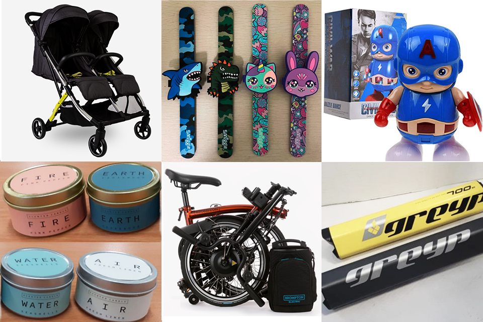 Images of featured recalls - Red Kite Pushchair, Smiggle Slapband, Captain America Toy Robot, Elements Scented Candles, Brompton Bicycles, Grep E-Bike Portable Battery Packs