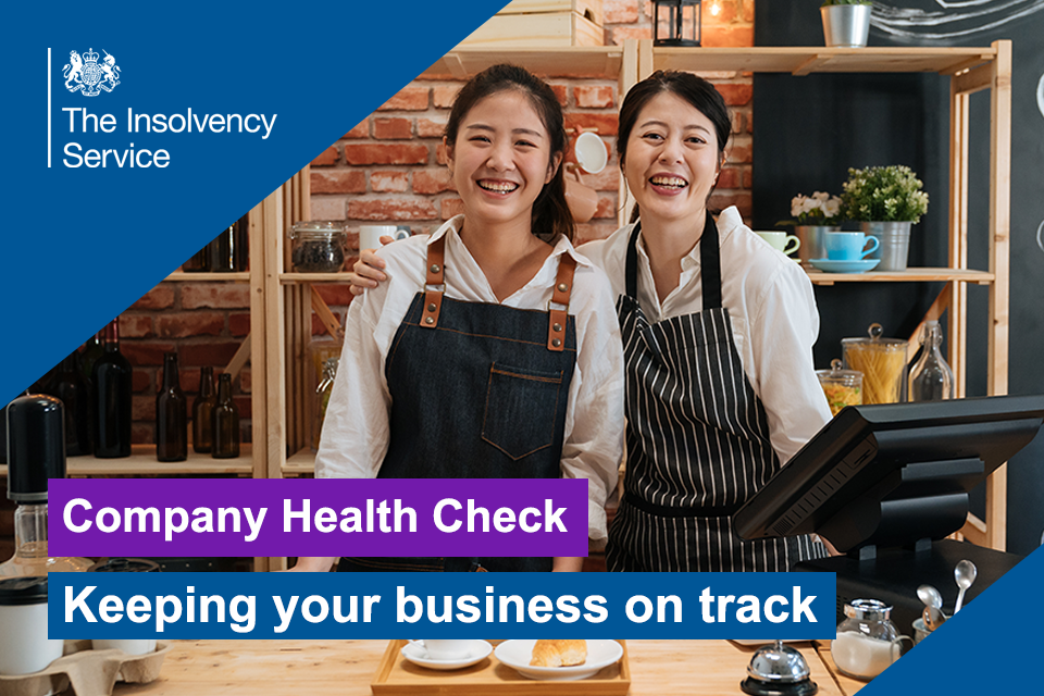 Small business owners in overalls smiling behind a counter in their stall with the wording "Company Health Check: Keeping your business on track"