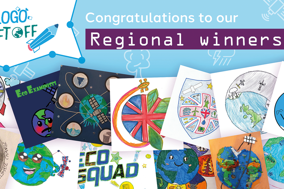 Коллаж победителей из регионов Великобритании с рисунками Земли и спутников.