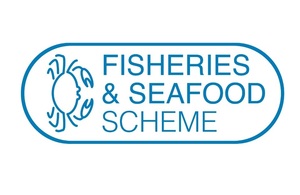 Логотип схемы рыболовства и морепродуктов - синий текст с синей инфографикой краба