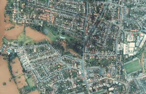 Aerial shot of the River Severn flooding