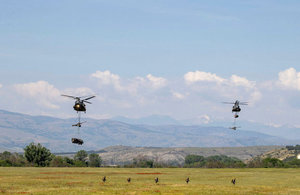 Two Chinook helicopters carrying cargo over a green field.