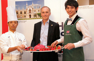 Embassy Chef Tatsuki Yoshida, Ambassador Tim Hitchens and Goodwill Ambassador for the Food is GREAT campaign in Japan Harry Sugiyama
