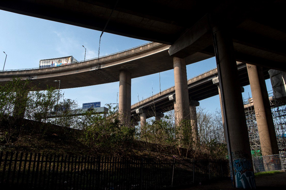 view from below Spaghetti Junction showing  a lorry travelling through