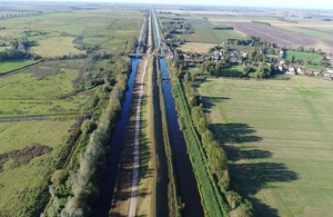 Drone shot over Ouse Washes rivers at Welney