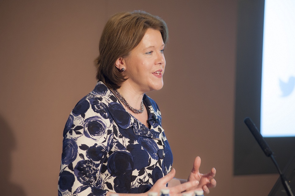 Maria Miller speaks at a conference celebrating the first anniversary ...