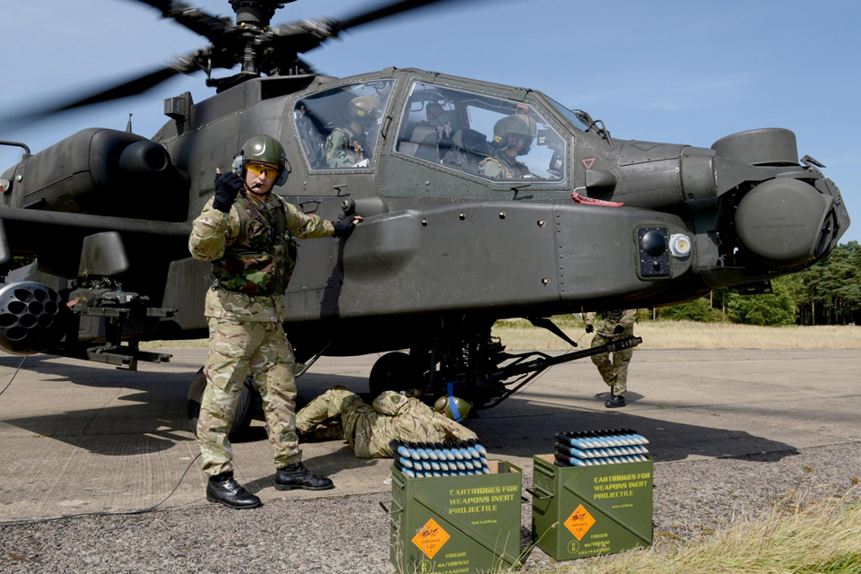 Members of 654 Squadron preparing an Apache helicopter for take-off