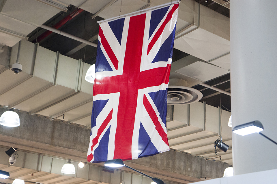 The Union Flag is hung over the British pavilion at the NY NOW tradeshow.