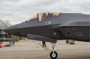 A US Airforce F-35A Lightning II assigned to the 495th Fighter Squadron taxis after first arrival at RAF Lakenheath