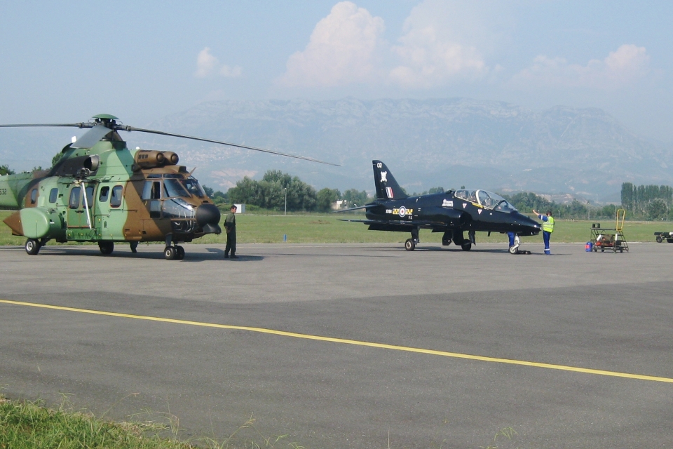 “Albanian Lion 13”- an Albanian Air Forces Cougar AS532 and a BAE Systems Hawk of the 100 Squadron RAF at Rinas, Tirana.