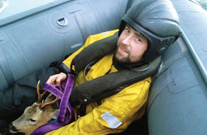 Petty Officer Andrew Rodgers with the rescued deer