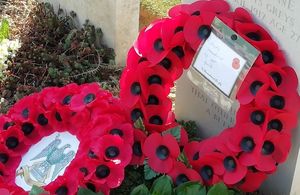 Wreaths at the grave of a WW1 soldier