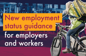Изображение курьера на велосипеде с текстом, сообщающим о новом руководстве по статусу занятости для работодателей и работников.